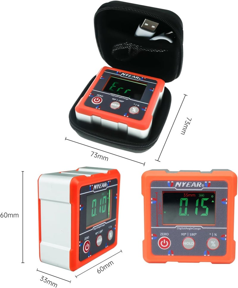 NYEAR Digital Electronic Angle Gauge Type-C Rechargeable, Four sided strong magnet, IP67 waterproof rating, Measures 0-90 and 0-180 Degree Ranges, Measures and Sets Angles or TAN - Image 3